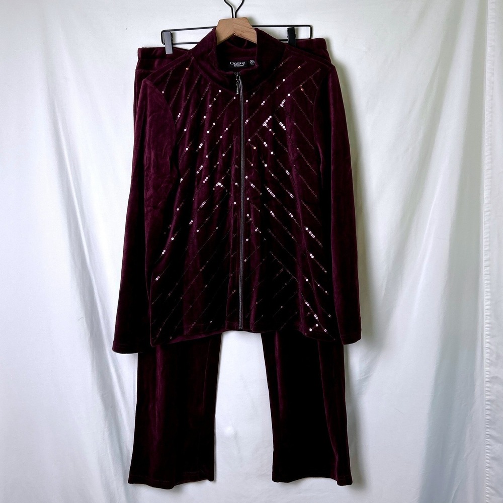 Onque Casual Women Sequin Velour Tracksuit Set Size XL Plum Purple Velvet Lounge